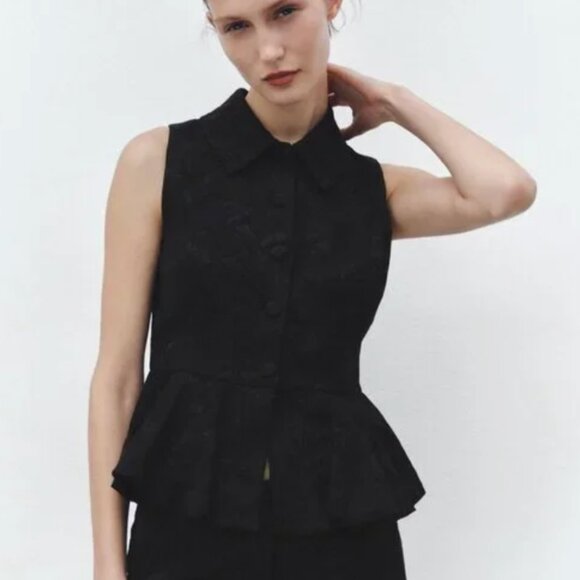 Zara Jacquard Brocade Sleeveless Black Peplum Top size Small. NWT!! - Picture 3 of 6